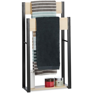 Relaxdays Handtuchhalter stehend, U-Design, 2 Ablagen, Handtuchständer Bad, HxBxT: 86 x 45 x 19 cm, Holz + Stahl, natur