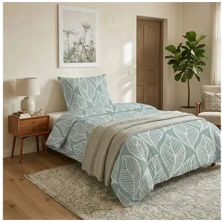 Casa Colori Bettwäsche Renforce Ganzjahres Bettgarnitur 135x200 cm, Renforce, 2 teilig, Lindgrün Pastell mit Blätter grau|grün