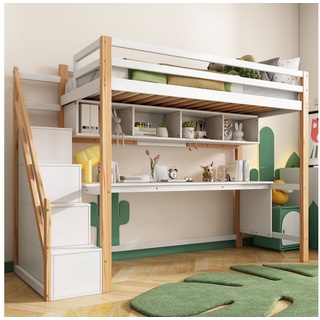 Flieks Hochbett Kinderbett Etagenbett mit Schreibtisch und Treppe 90x200cm Kiefer weiß