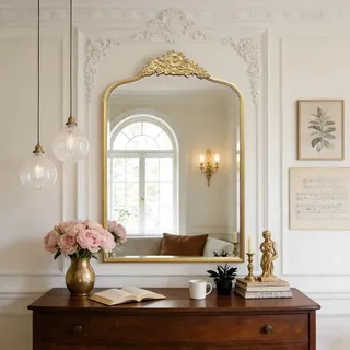 G-LEAF Bogenspiegel Gold 60x90cm, Barock Wandspiegel mit Floralem Relief, Eleganter Schminkspiegel Vintage, Dekospiegel Antik-Look für Schlafzimmer & Ankleidezimmer