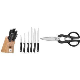 WMF Messerblock mit Messerset 7-teilig, Küchenmesser Set mit Messerhalter, 6 scharfe Messer, Bambus-Block, Spezialklingenstahl & Küchenschere 21 cm, Haushaltsschere mit Sägeschliff, Edelstahl