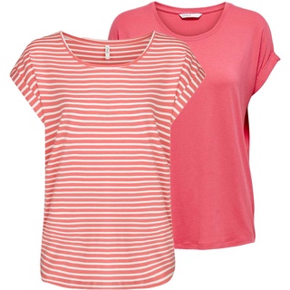 Only Damen O-Neck Top T-Shirt MOSTER 2er Pack Basic Kurzarm Rundhals Shirt Tea Rosa W/ Cd Stripes XS