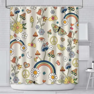 AIBIIN 180 x 180 cm Pilz Duschvorhang, Boho-Blumenmuster, waschbar, wasserdicht, Stoff, Badevorhänge-Set, Hippie, 70er 80er Jahre, flippige, groovige Ästhetik, Retro-Vorhänge für Badezimmer mit 12