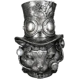 Brillibrum Design Katzen Figur mit Hut Steampunk Deko Skulptur Mechanical Skulptur Zahnrad Dekoration Industrial Steam Punk Kunst Figur (Katzenkopf/Variante 10)