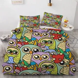 ROUSKI Bettwäsche-Set 220x240cm 3-teilig Mikrofaser Eule 3D-Motiv Reißverschluss