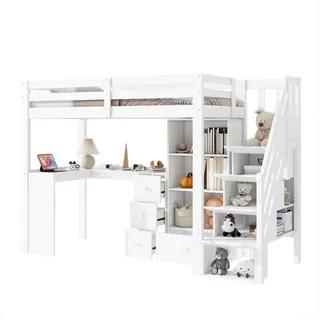 REDOM Hochbett Funktionsbett,Stauraumbett,Einzelbett,Kinderbett (Hochbett 90x200 cm mit Schreibtisch, Schubladen & Stauraum., Hochbett 90x200 cm) ohne Matratze