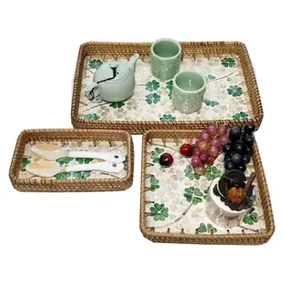 Solidchoice – Serviertablett aus Rattan mit Perlmutt-Inlay, 3-teilig - Grün