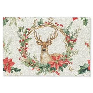 MuchoWow Fußmatte Weihnachtskranz - Hirsch - Stechpalme - Rot, Rechteckig, innen Schmutzmatte, Tür, Teppichmatte, Sauberlaufmatte 90x60 cm rot 90 cm x 60 cm