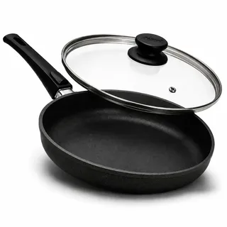 Hoffmann STONIQ Bratpfanne PFAS-frei 28 cm Induktionspfanne Aluminium Handguss Made in Germany | Antihaftbeschichtung mineralisch | abnehmbarer Stiel | backofengeeignet (Mit Glasdeckel, 28 cm)