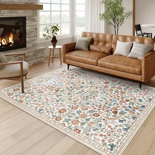 Moynesa Teppich mit Blumenmuster, maschinenwaschbar, für Schlafzimmer, rutschfeste Boho-Teppiche für Wohnzimmer, großes Blumenmotiv, schmutzabweisend, Bodenteppich für Esszimmer, Heimbüro, 1,5 x 2,1 m