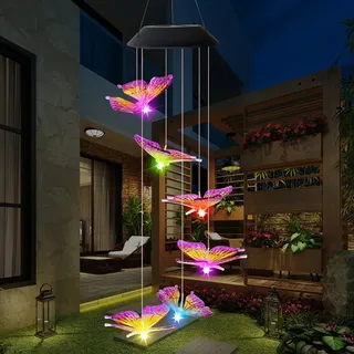 Kolibri Schmetterling Farbwechsel Solar LED Windspiel Solarlampen für außen, Windglocke LED Solarleuchte Wasserdicht Outdoor Deko Lampe Gartendeko (Schmetterling, Lila)