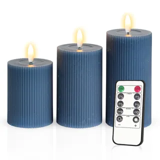 Meisterhome® 3er-Set Flammenlose LED Kerzen - Blau - Ribble Design Stumpenkerze - mit Fernbedienung – mit Timer - Batteriebetrieben – Warmweiß - 10/12,5/15 cm hoch - mit flackernder Flamme
