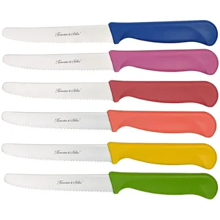 Rosenstein & Söhne Brötchenmesser: 6er-Set bunte Frühstücksmesser mit Wellenschliff, 11,4 cm Klingenlänge (Brotmesser, Vespermesser, bunt)