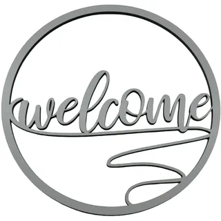 Welcome Schild Deko weiß Geschenk Deko Holz HDF ca 19 cm Wanddeko Türschild Hängeschild mit Lederband Willkommen