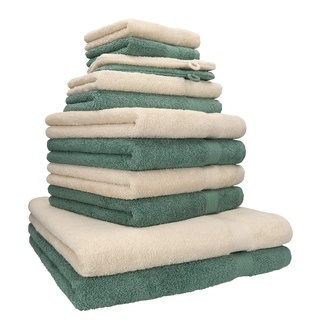 Betz 12-TLG. Handtuch Set Premium 100% Baumwolle 2 Duschtücher 4 Handtücher 2 Gästetücher 2 Seiftücher 2 Waschhandschuhe Farbe Sand/tannengrün