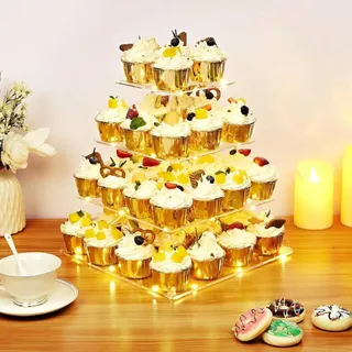Ulifeme 4 Etagen Cupcake Ständer, Gelb LED Lichterkette de Tortenständer Acryl für Hochzeit, Party, Geburtstag, Baby Duschen & Kuchen Dessert, Torten Etagere 4-stöckig, Quadrat Cupcake Stand