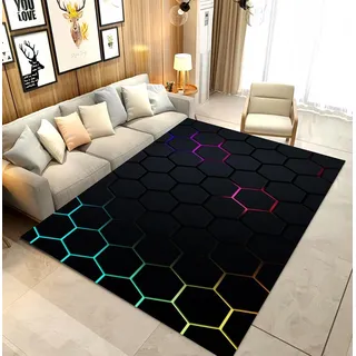 LOMDEM Neon Geometrischer Punk Gaming Teppich für Jugendzimmer - Flanellteppich mit Hexagon-Design, ideal für Jungen Teenager Schlafzimmer, Gaming Zimmer & Gamer Setup, 120x160 cm, Multi 2