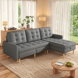 Merax Ecksofa 3-Sitzer Sofas, L-Form Sofa mit wechselbare Chaiselongue und Bettkasten, Schlafsofa, Gepolstertes Sofa mit Sitz- und Rückenkissen, stabilen Beinen, für Wohnzimmer und kleine Räume, Grau