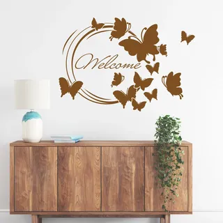 GRAZDesign Wandtattoo Flur Welcome Schmetterlinge, Willkommen Spruch, Sprüche für Eingang Wandaufkleber - 82x57cm / 081 hellbraun