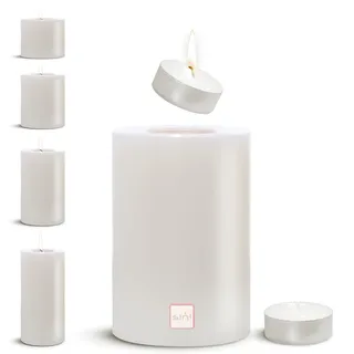 Sin! Teelichthalter Trend warmweiß - ∅ 8cm, Höhe 12cm, Die Kerze die Nicht schmilzt! - Dauerkerze in Kerzenform, Kerzenoptik aus Kunststoff mit Teelichteinsatz, inkl. Teelicht 4 Std, Brenndauer