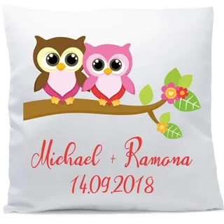 Kissen mit Namen Hochzeit Eulen 40x40 cm inkl. Füllung Kuschelkissen Liebe Jahrestag, Kissen Farbe:Vorderseite weiß/RS blau