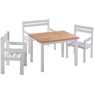 Kindersitzgruppe KAI 1, Weiß Kiefer massiv,1 Tisch 2 Stühle 1 Sitzbank