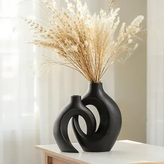 Keramik Vase, SUKIYPO 2er Set Moderne Hohle Vasen, Nordische Vasen Deko | Vasen Set, ästhetische Boho Blumenvase für Zuhause, Wohnzimmer, Schlafzimmer, Büro, Bauernhaus, Couchtisch Dekoration,Schwarz