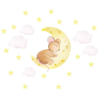 Osomhome Wandtattoo Kinderzimmer Mond & schlafende Maus (115x90cm) | Kinderzimmer Deko Babyzimmer Wanddeko | Wandaufkleber Wandbild Kinderbilder Wandsticker | Wolken Sterne os2997