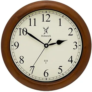 Holzwerk TRIBERG (Funk) 35cm Natur Vintage Retro Holz Funk Wanduhr Glas Holz-Uhr Funkwanduhr Funkuhr nahezu lautloses Uhrwerk Massivholz 14 Zoll Braun Weiß große Ziffern (Hwn.braun.weiß)