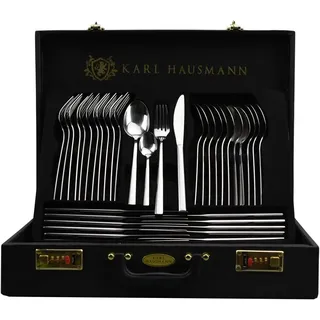 KARL HAUSMANN Besteck Set 12 Personen Edelstahl 72 Teilig im Schwarz Koffer | Besteckset für 12 Personen mit 72 Teilen aus Edelstahl 18/0, komplettem Tafel- und Servierbesteck, schwarzer Koffer