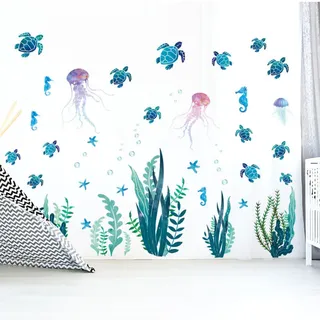 Unterwasser-wandtattoos Mit Schildkrötenmotiven, Algen Und Blasen – Bunte Vinyl-wandtattoos Für Badezimmer, Wc Und Schlafzimmer – Ulisem