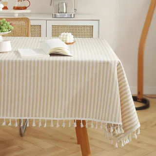 meioro Gestreifte Tischdecke Rechteckige Tischtuch, Aprikose, 100x140cm | Aprikose/Weiße Streifen Abwaschbare Tischdecken, Dekorative Tischwäsche mit Quasten, Esszimmer Tabletop Boho Table Cloth