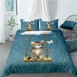 Tomifine Bettwäsche Kinder Mädchen Katze Katzen-Motiv 135x200 cm Bettbezug mit Reißverschluss, Kätzchen weich und kuschelig, Katzen-Fan Jugendliche Bettwäsche-Set Kissenbezug 50x75cm