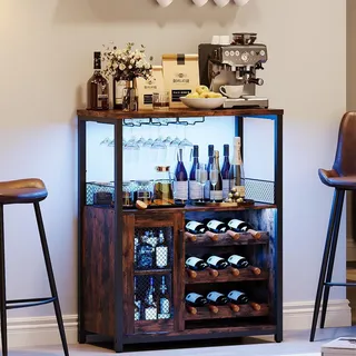 ZoomBuggy Industrial Weinbarschrank Mit LED-Beleuchtung, 70x35x92 cm Retro Design, Verstellbares Regal & Glashalter Für Wein, Gläser & Zubehör, Vintage