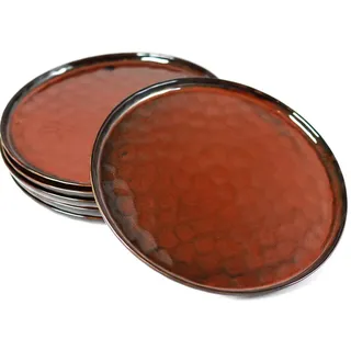 Kadum erdrote Keramik Teller 6-er Set | Essteller mit Farbglasur Ø 28 cm | Essteller Speiseteller mit hohem Rand | 6 moderne Küchenteller mit Prägung