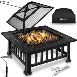 tillvex® Feuerschale mit Funkenschutz, Grillrost & Abdeckung für Outdoor