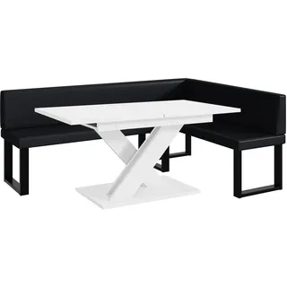 MEBLINI Eckbank für Esszimmer mit ausziehbarem Tisch - Küchenbank - Essecke - Sitzecke Küche - ERIC - U-Beine 142x196x87cm Rechts - Schwarz Kunstleder/B Weiß Matt