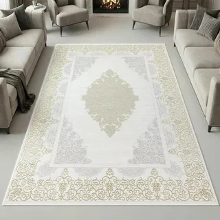 Teppich-Traum Kurzflor Teppich Mäander Ornamente Creme Gold 120x170 cm | Pflegeleicht, schmutzabweisend, strapazierfähig, vielseitig einsetzbar, OEKO-TEX geprüft, mit Glanzeffekt, 8 mm Flor