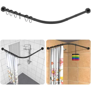 L-Form Duschvorhangstange Verstellbare, 304 Edelstahl Ohne Bohren Teleskopstange, [75-105 x 75-105 cm], inkl. 18 Ringe Deckenhalterung, Duschstange Ecke Rostfrei, für Badewanne & Dusche - Schwarz