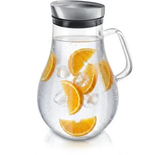 Arendo, Glaskaraffe 2,0 L, Edelstahldeckel, Henkel, Grobfilter, Wasserkaraffe, transparent/silberfarben