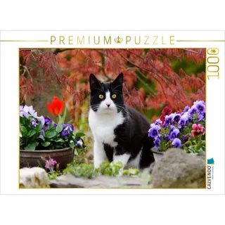Calvendo Puzzle Schwarz-weiße Katze im blühenden Garten 1000 Teile Lege-Größe 64x48cm Foto-Puzzle für glückliche Stunden