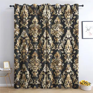 Generisch Vorhänge Damast - Schwarz Gold Barock Fenster Gardinen mit Ösen, Vorhang Blickdicht Verdunklungsvorhänge Thermovorhang für Wohnzimmer Schlafzimmer Deko 2er Set, H 137 x B 117 cm W-#343