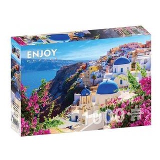 ENJOY-1083 - Blick auf Santorin mit Blumen, Griechenland, Puzzle, 1000 Teile