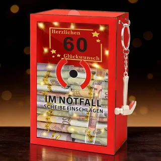 TUZELIYA 60 Geburtstag Frauen & Männer (18x12x8cm) - Geldgeschenke 60. Geburtstag - Lustige Notflallbox mit LED-Beleuchtung & dekorativem Hammer - Holz Geschenkbox - Personalisierte Geschenke für Geld