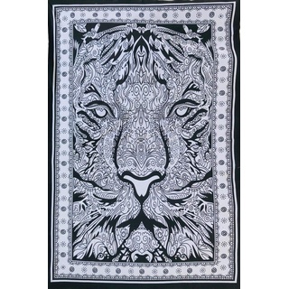 Bazzaree BTS1108 Wandbehang mit indischem Mandala Motiv, Baumwolle, Schwarzer und weißer Löwe, Single 80” x 54”