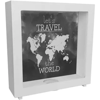 Rahmen Spardose aus Holz mit Weltkarten Motiv und Text - Let's travel The World in Schwarz Rahmen Spardose aus Holz mit Wasserfarbenmotiv und schönem Design um auf eine Weltreise