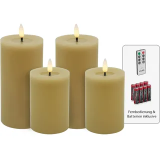Candela Lights LED Kerzen 4er Set Winter glatt Echtwachs inklusive Fernbedienung und 8 Batterien Timer Funktion & mehrstufig dimmbar flammenlos Echtwachskerzen Stumpenkerzen