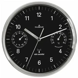 Dugena Funk-Wanduhr, Quarzwerk, mit Thermo- und Hygrometer, Edelstahl, Schwarz