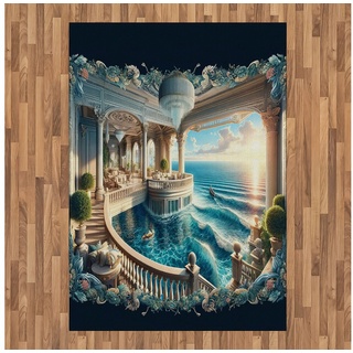 Teppich Flachgewebe Deko-Teppiche für das Wohn-,Schlaf-, und Essenszimmer, Abakuhaus, rechteckig, Fantasiewelt Balkon zum Meer blau
