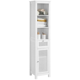 SoBuy Hochschrank BZR36 Badezimmer-Hochschrank mit Gitteroptik Badregal Badschrank Badmöbel mit 3 offenem Fächern, 1 Schublade und 1 Tür Weiß weiß